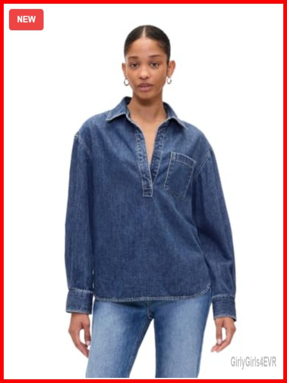 Denim Popover Shirt Long Sleeve Button Down Collared Regular Fit